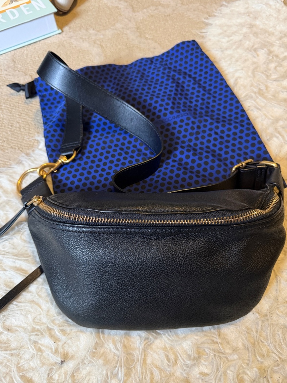 Rebecca Minkoff Black Leather Crossbody Belt Bag with Gold Hardware
